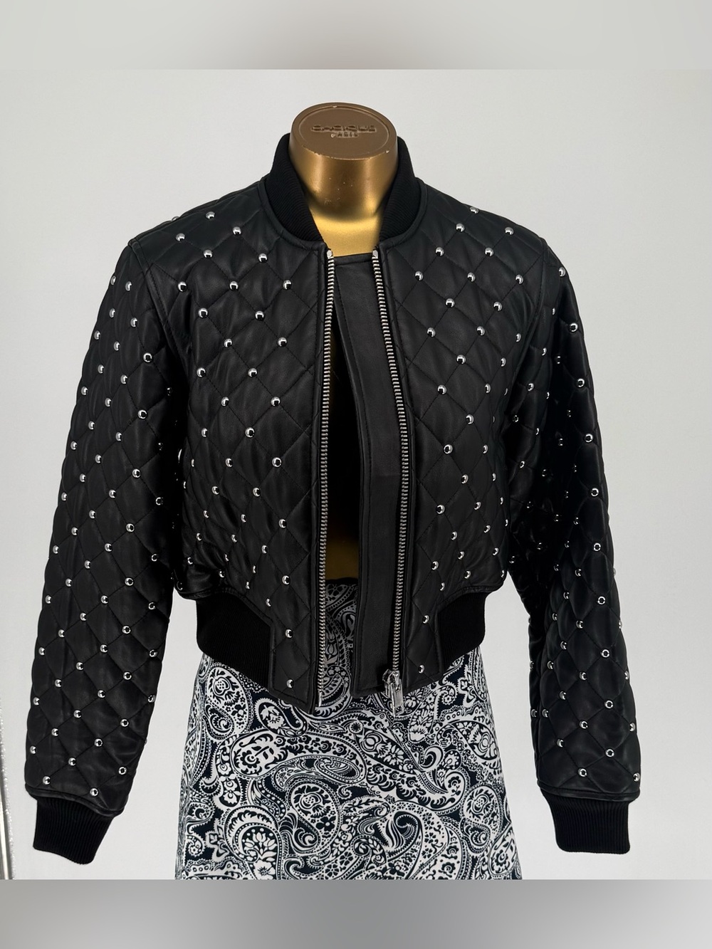 MICHAEL Michael Kors Black Lamb Leather Quilted Studded Bomber Jacket Size Small